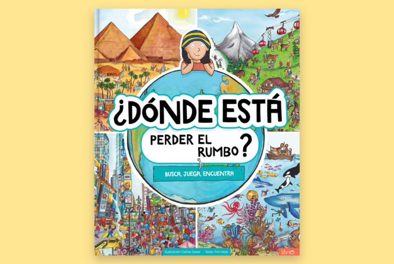 Portada del libro Mi viaje por el mundo. Dibujos de diferentes lugares del mundo y una niña mirando el globo terráqueo.10 libros de viajes para niños. Perder el Rumbo