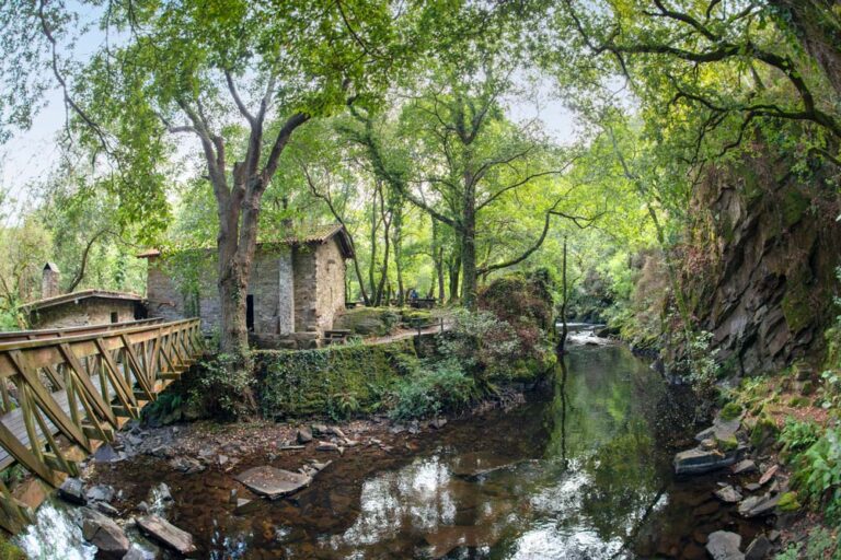 Paisaje verde con un molino de agua restaurado y un puente de madera en el Refuxio de Verdes en Coristanco, A Coruña.