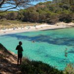 Cala rodeada de pinos y aguas turquesas tras recorrer una de las Rutas de senderismo en Menorca. Pixi contemplando el mar cristalino desde un mirador natural.