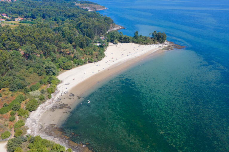Vista aérea de una de las preciosas playas de Rianxo de arena blanca rodeada de árboles y con aguas transparentes.